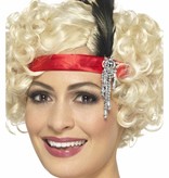 Jaren 20 hoofdband rood met veer en juweel