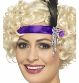 Charleston hoofdband paars met veer en juweel