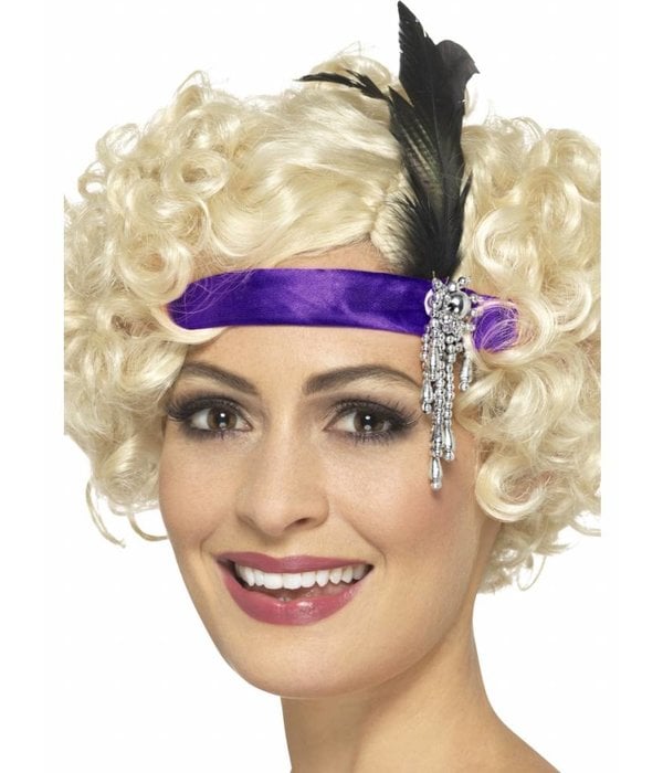 Charleston hoofdband paars met veer en juweel