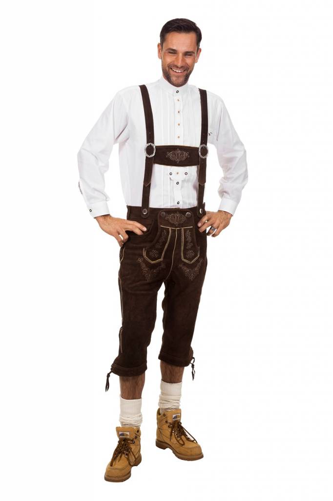 Donkerbruine halflange echte lederhosen | Oktoberfest kleding maat 50 (M)