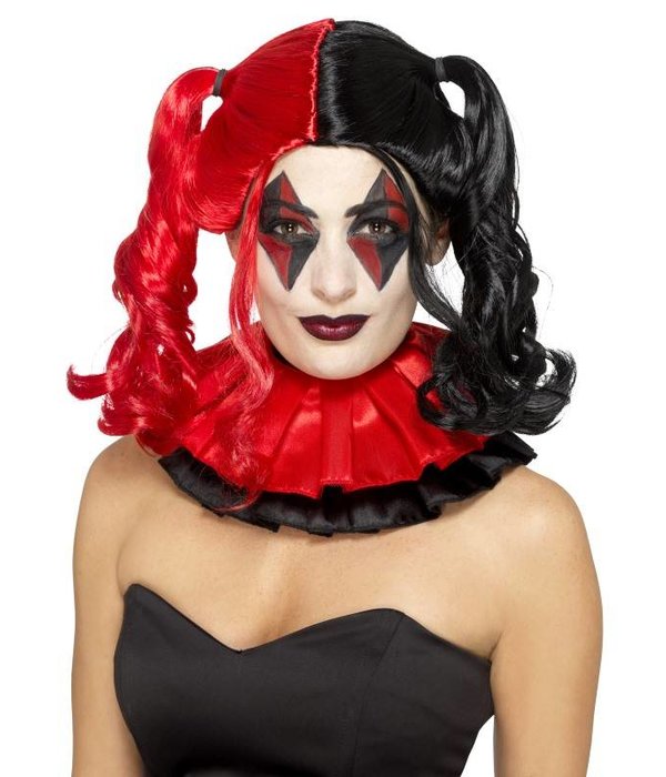 Pruik harlequin rood-zwart