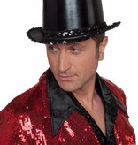 Hoge hoed lamee met paillettenband zwart