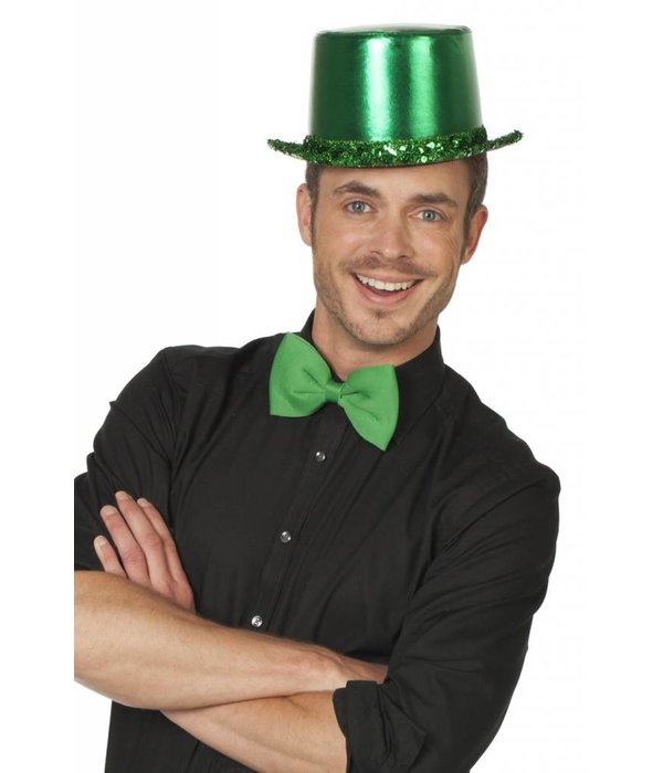 Hoge hoed lamee met paillettenband groen