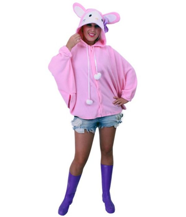 Jumper roze konijn pluche met paars strikje