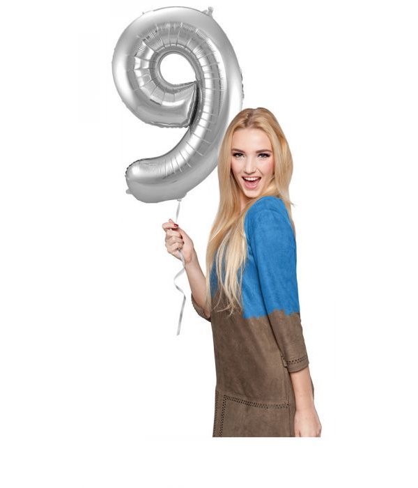 Zilveren Folieballon Cijfer 9 - 86 cm
