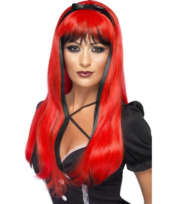 Betoverende heksenpruik rood/zwart