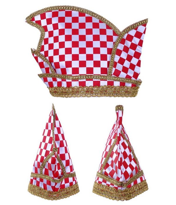 Prinsenmuts rood/wit geblokt goud galon