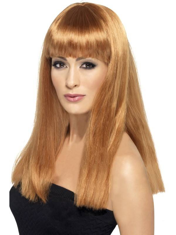 Glamour pruik pony kastanje bruin afbeelding