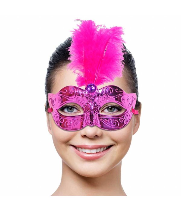 Venetiaans Masker magenta met veren