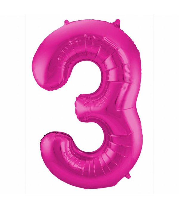 Magenta Folieballon Cijfer 3 - 86 cm