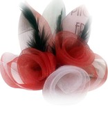 Broche tule 3 bloemen met veertjes rood-wit-rood
