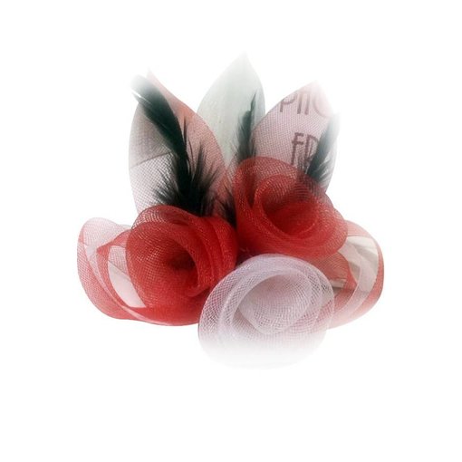 Broche tule 3 bloemen met veertjes rood-wit-rood