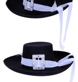 Musketier hoed zwart met witte band