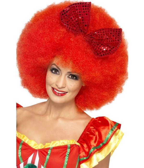 Pruik Afro clown rood met strik