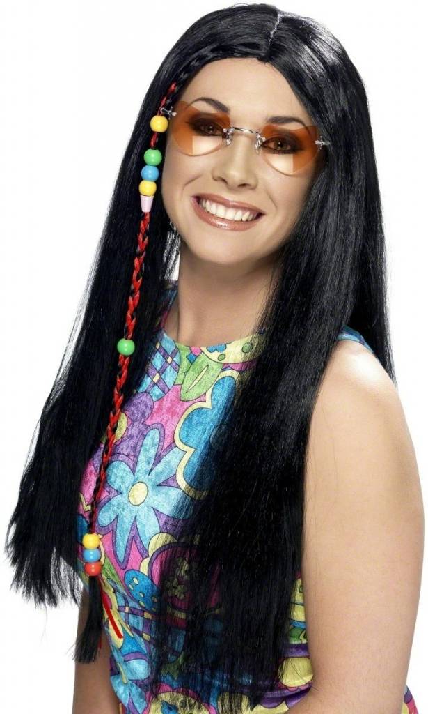 Hippie pruik met vlechtdecoratie zwart afbeelding