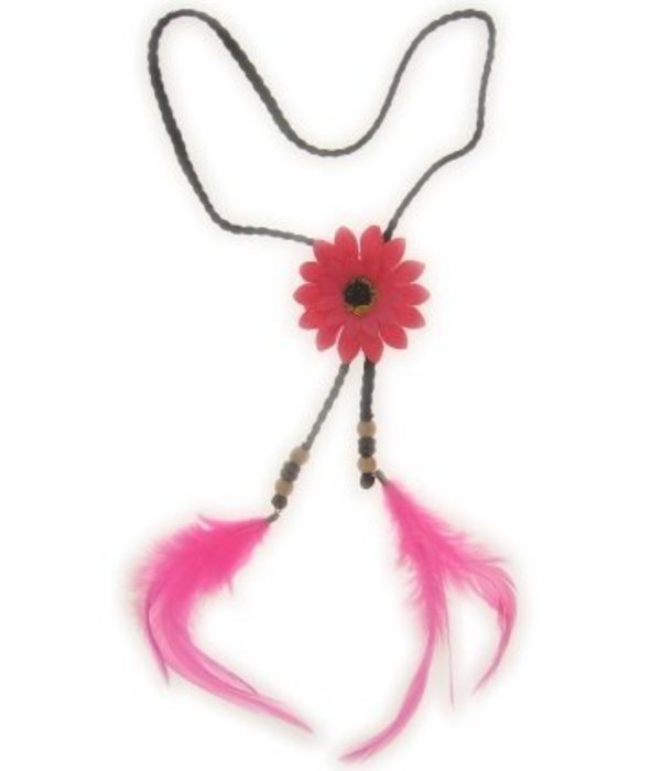 Hoofdbandje hippie met bloem en veren roze