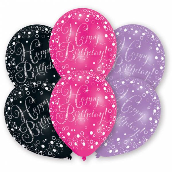 6 Happy Birthday ballonnen pink, paars en zwart