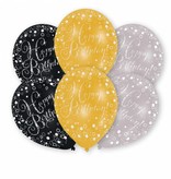 6 Happy Birthday ballonnen zwart, goud, zilver