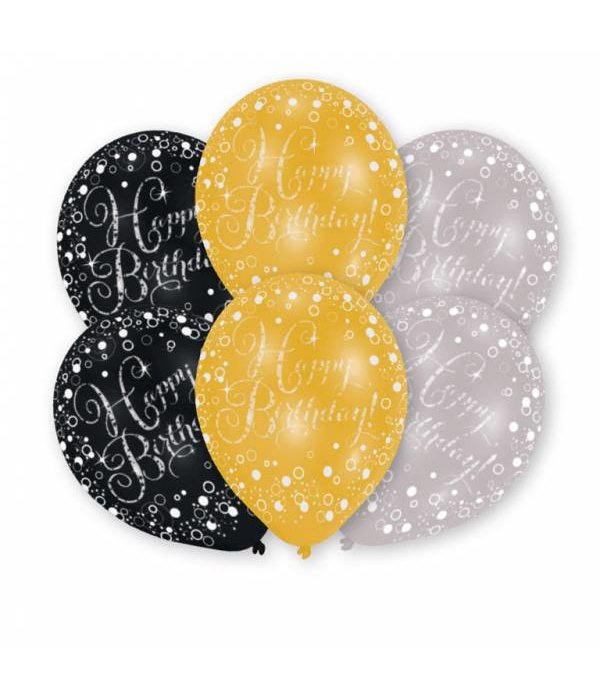 6 Happy Birthday ballonnen zwart, goud, zilver