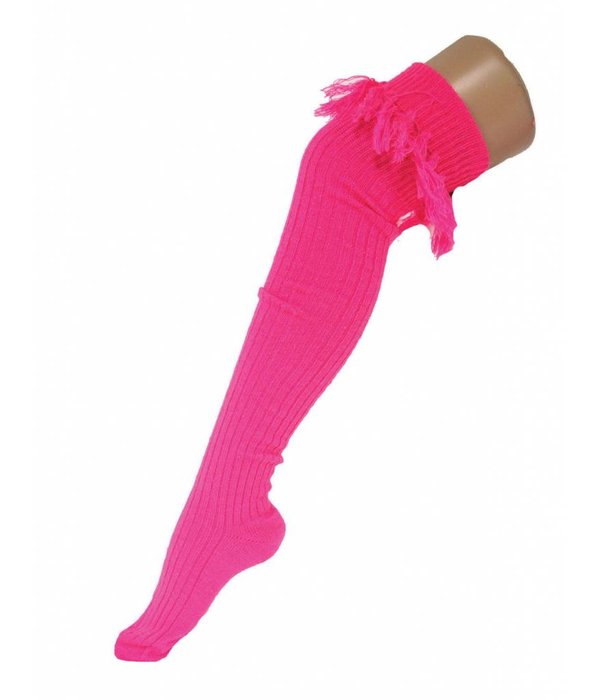 Kniekousen fluor roze met kwastjes
