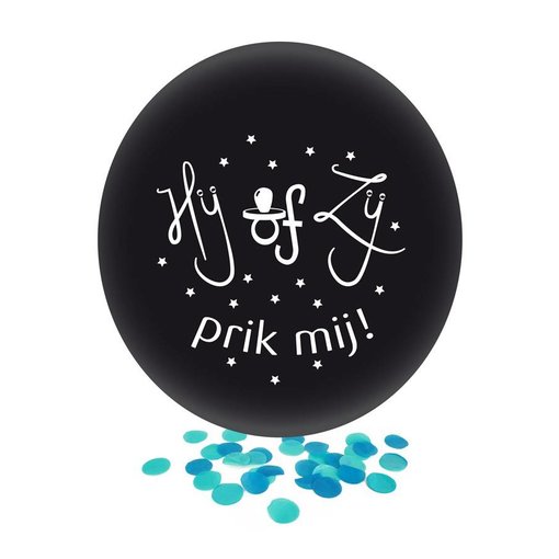 Grote Ballon Gender Reveal Hij of Zij Prik Mij met blauwe confetti