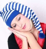 Slaapmuts lang blauw/wit