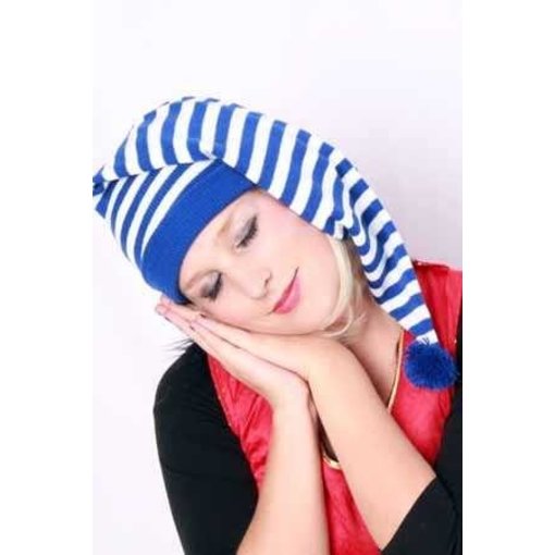 Slaapmuts lang blauw/wit