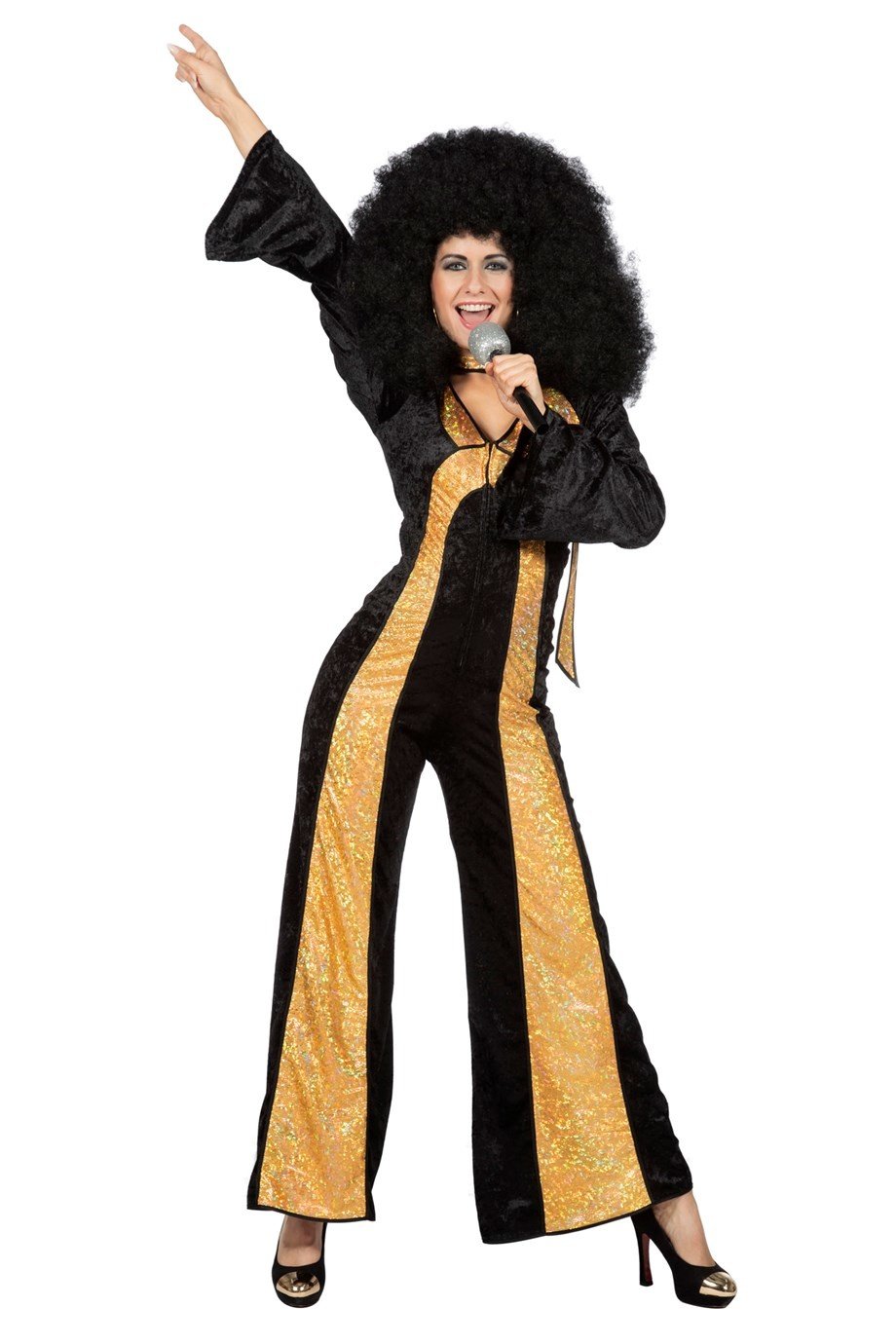 Wilbers - Jaren 80 & 90 Kostuum - Catsuit Disco Diva Chaka Khan - Vrouw - zwart,goud - Maat 36 - Carnavalskleding - Verkleedkleding