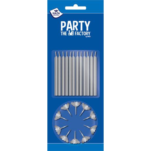 Taartkaarsjes 12 stuks + houders zilver 12 stuks