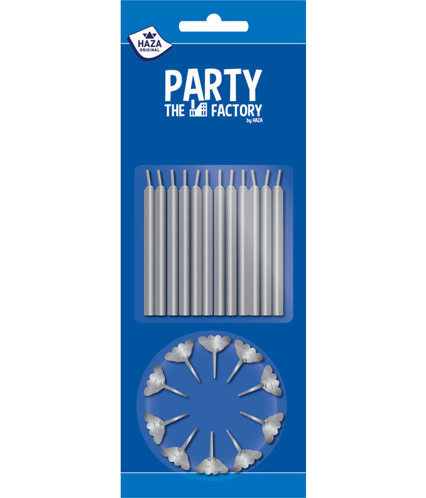 Taartkaarsjes 12 stuks + houders zilver 12 stuks