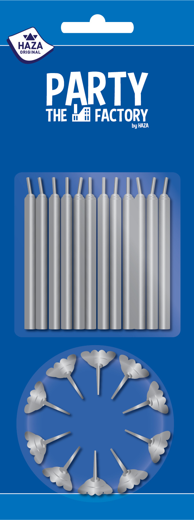 Taartkaarsjes 12 stuks + houders zilver 12 stuks