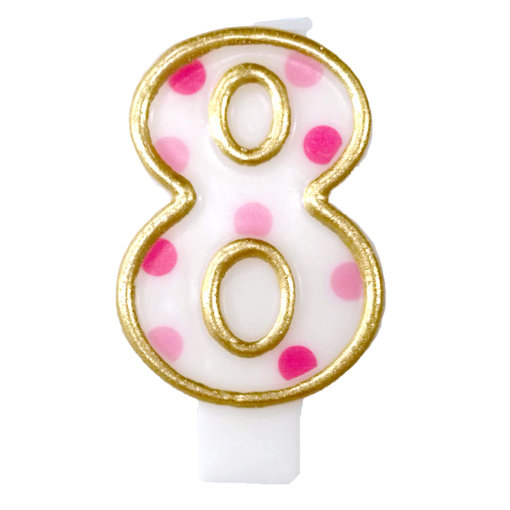 Cijferkaars '8' gespikkeld roze