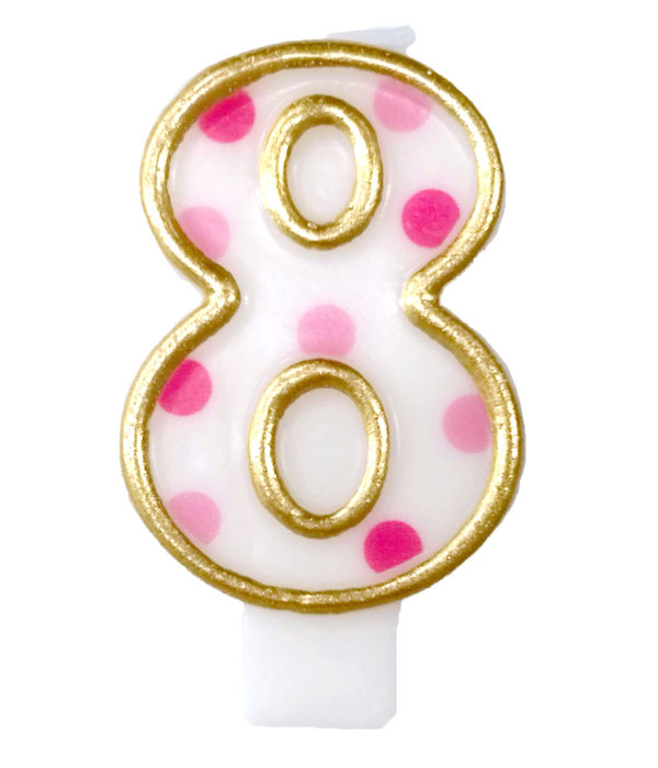 Cijferkaars '8' gespikkeld roze