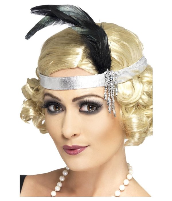 Hoofdband zilver charleston met veer en juwelen detail
