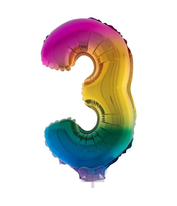 Folieballon Cijfer 3 Regenboog - 41cm