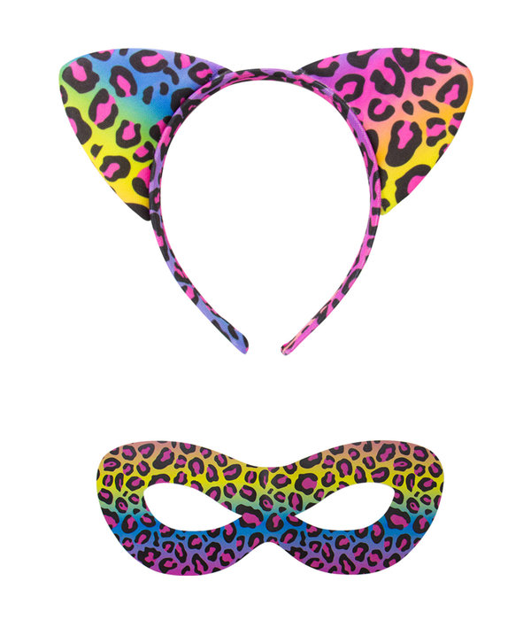 Regenboogkleurige Panter Verkleed Set - Tiara en Masker