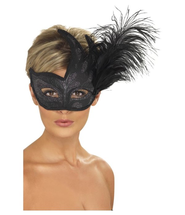 Oogmasker Venetië Zwart met veren