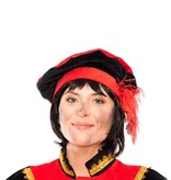 Pietbaret fluweel met veer rood/zwart