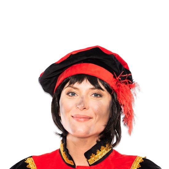 Pietbaret fluweel met veer rood/zwart afbeelding