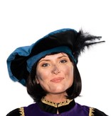 Pietbaret fluweel met veer blauw/zwart