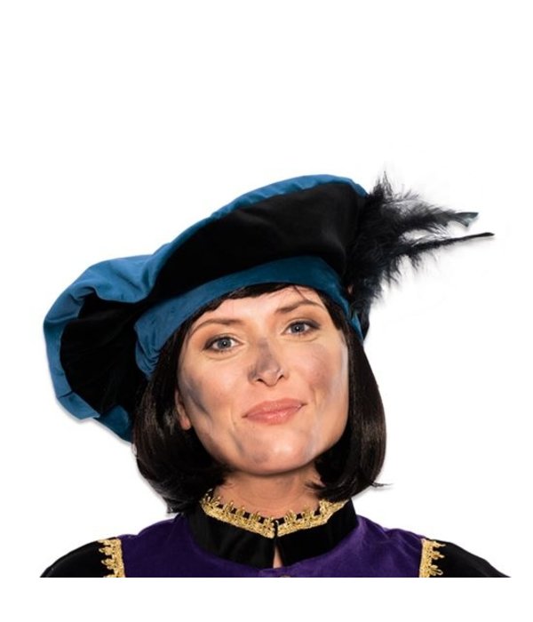 Pietbaret fluweel met veer blauw/zwart