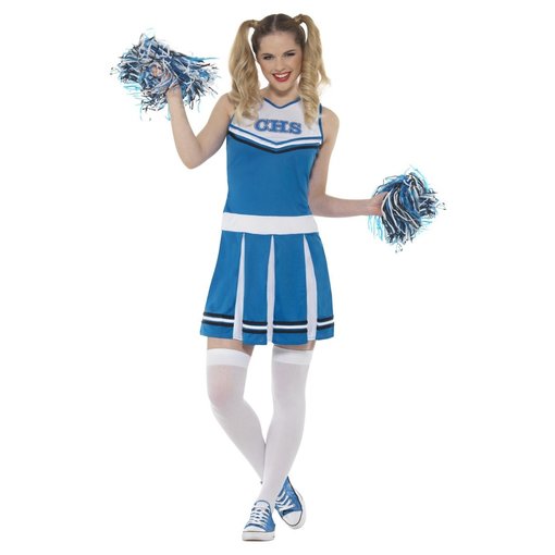 Cheerleader kostuum blauw met pompoms