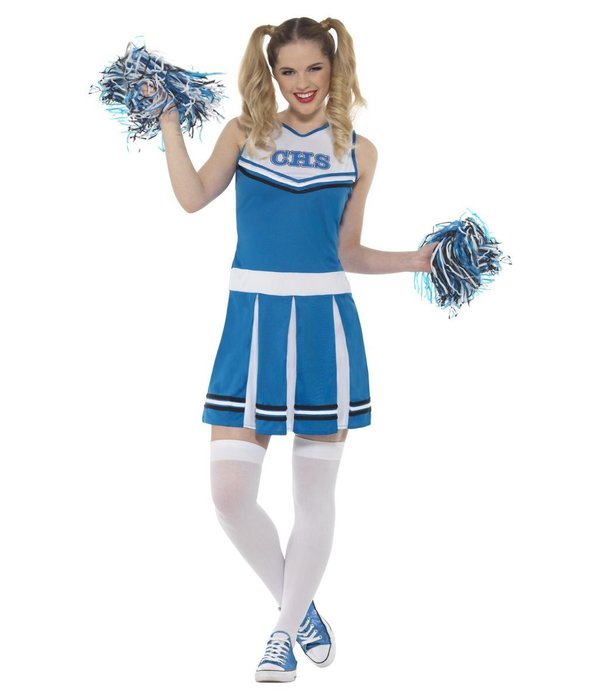 Cheerleader kostuum blauw met pompoms
