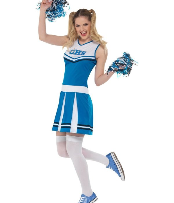 Cheerleader kostuum blauw met pompoms