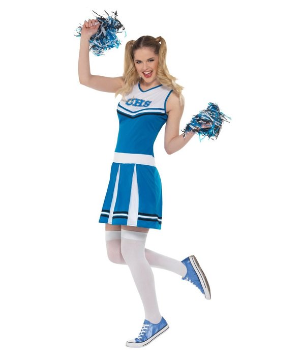 Cheerleader kostuum blauw met pompoms
