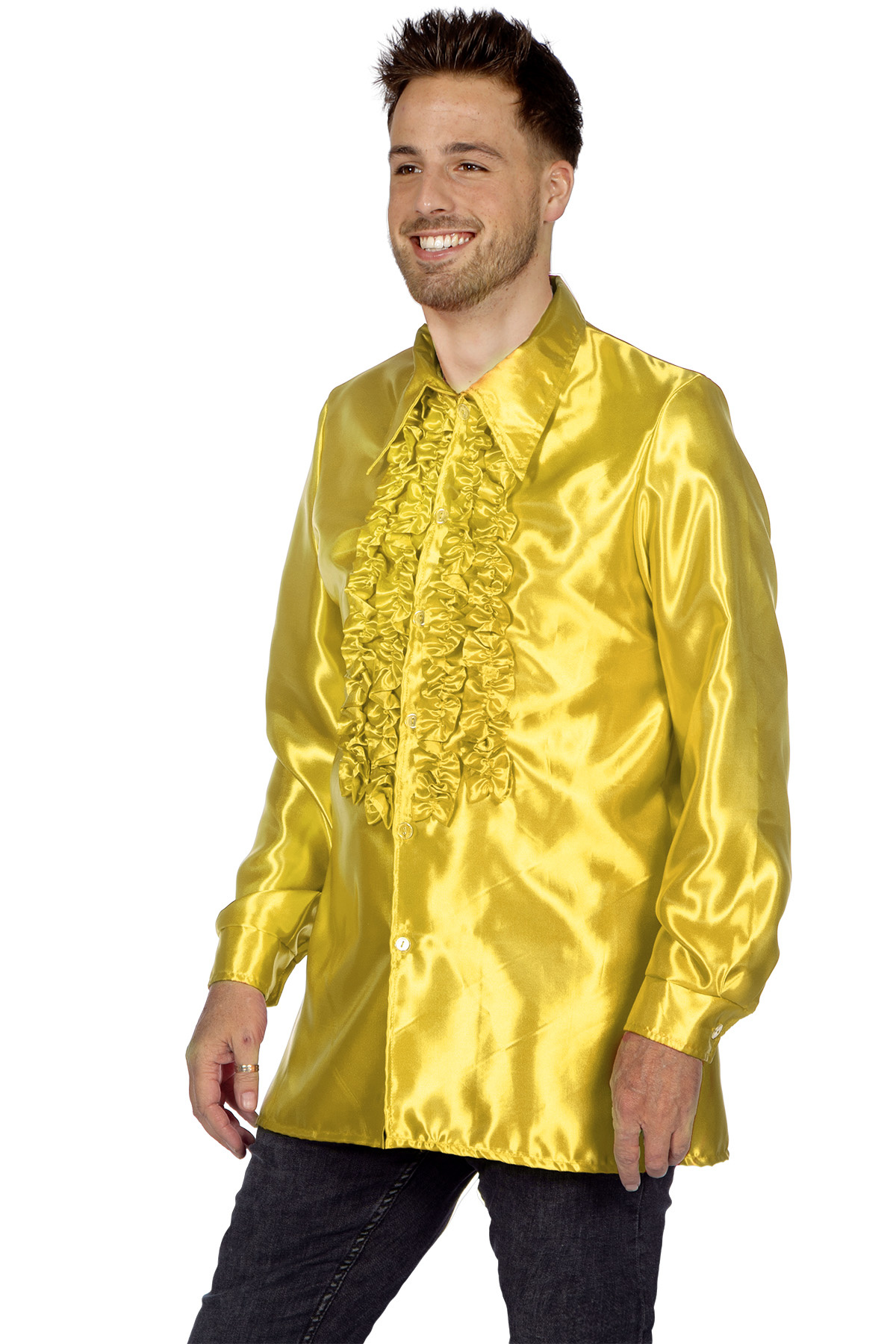 Wilbers - Jaren 80 & 90 Kostuum - Knallend Gele Foute Ruchesblouse Satijn Disco Party Man - geel - Maat 64 - Carnavalskleding - Verkleedkleding