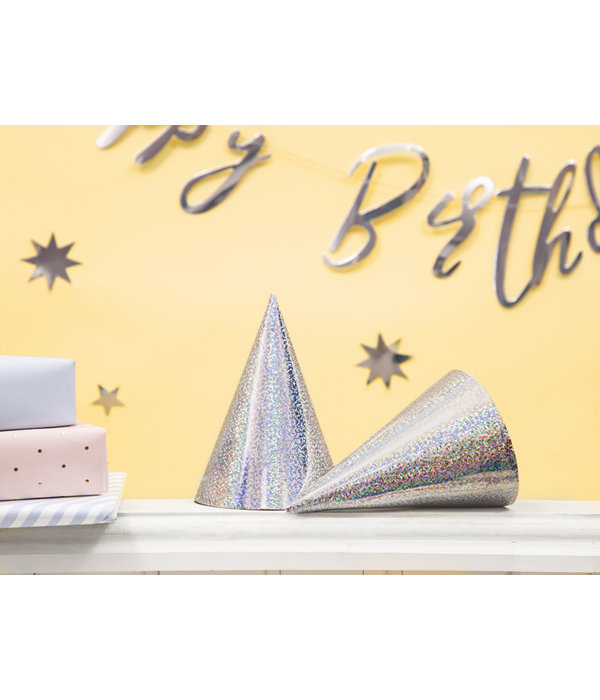 Holografische Feesthoedjes Zilver - 6 Stuks