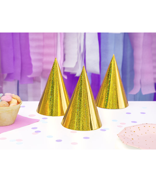 Holografische Feesthoedjes Goud - 6 Stuks