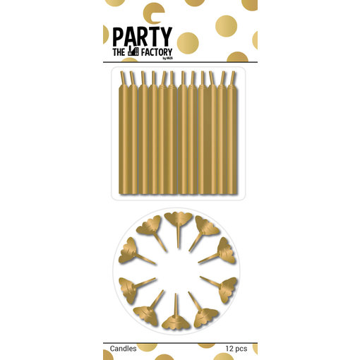 Taartkaarsjes 12 stuks + houders goud 12 stuks