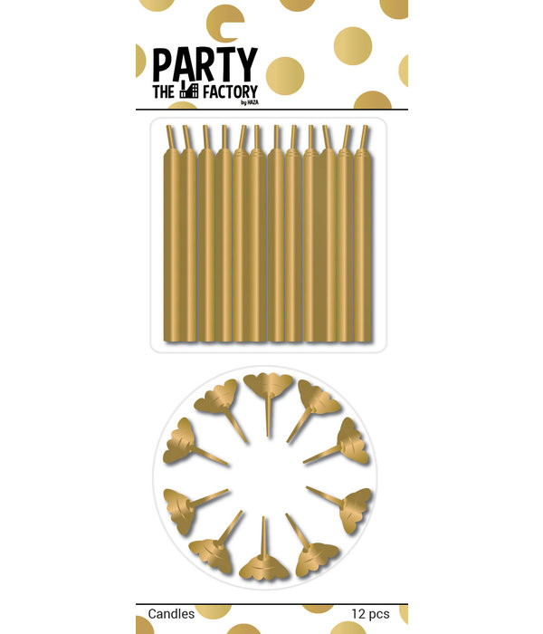 Taartkaarsjes 12 stuks + houders goud 12 stuks